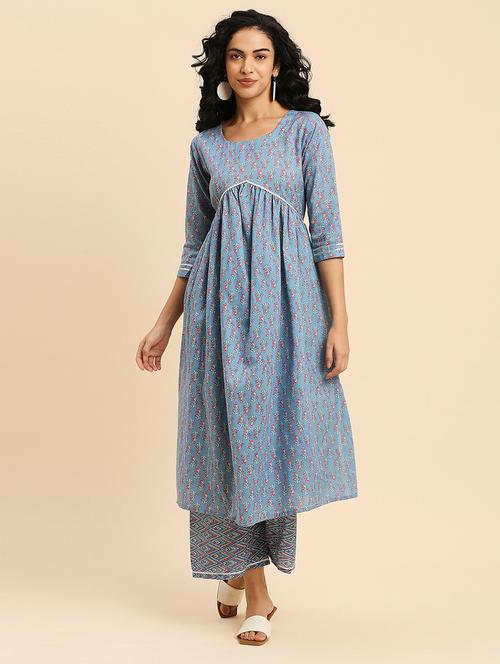 women blue round neck kurta palazzo set - 20305803 - Very Small Image - 1