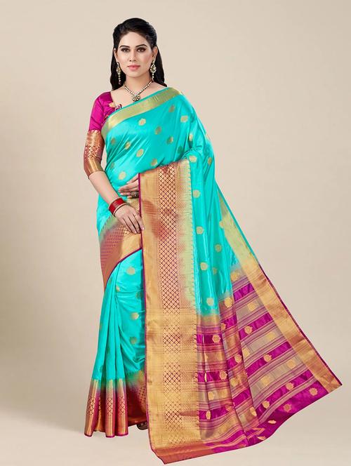 turquoise colored bordered saree with blouse - 20305907 - Very Small Image - 1