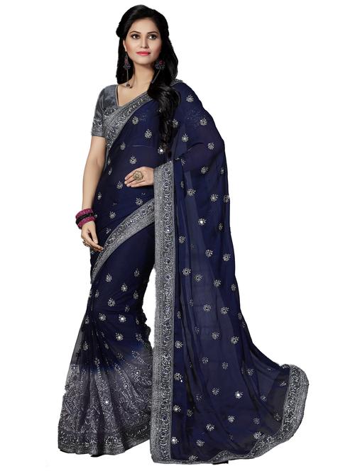 navy blue colored embroidered saree - 20306210 - Very Small Image - 1