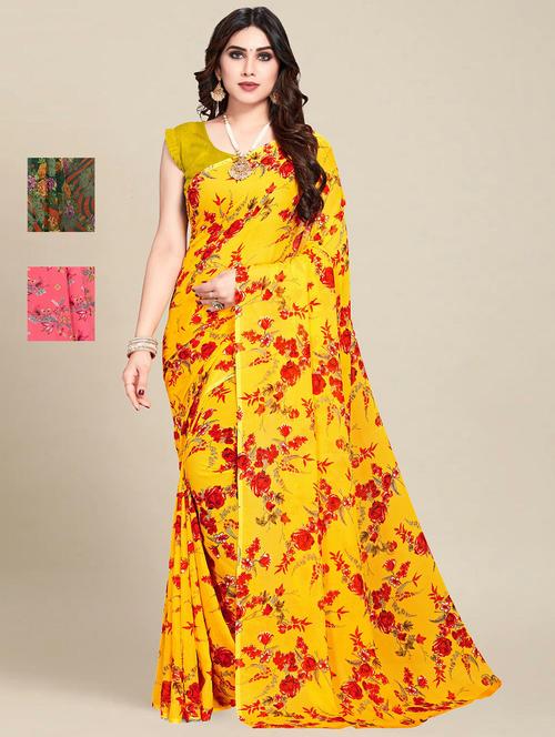 yellow colored printed saree - 20306582 - Very Small Image - 1