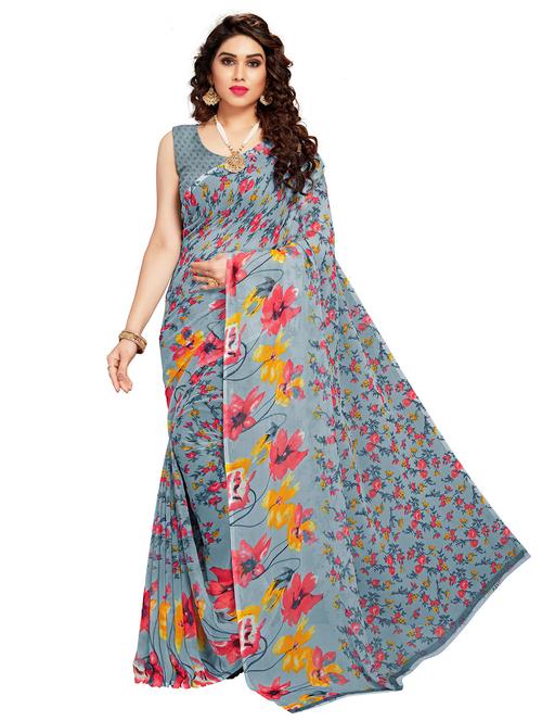 women's floral grey colored saree with blouse - 20306908 - Very Small Image - 1