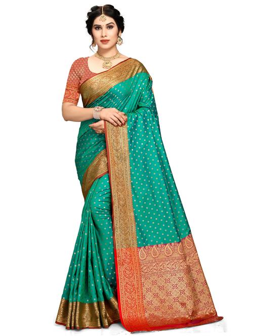 sea green colored banarasi saree with blouse - 20307038 - Very Small Image - 1