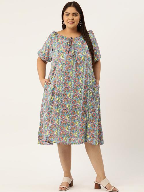 grey floral print puff sleeves a-line dress - 20307517 - Very Small Image - 1