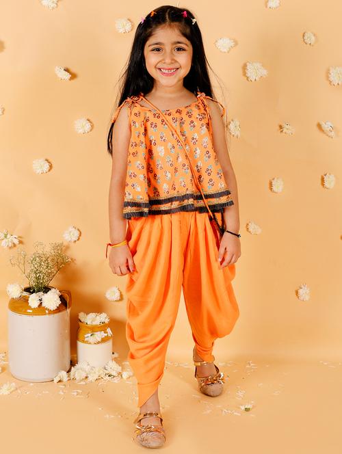 kids orange floral print polyester twin sets suit set - 20307537 - Very Small Image - 1