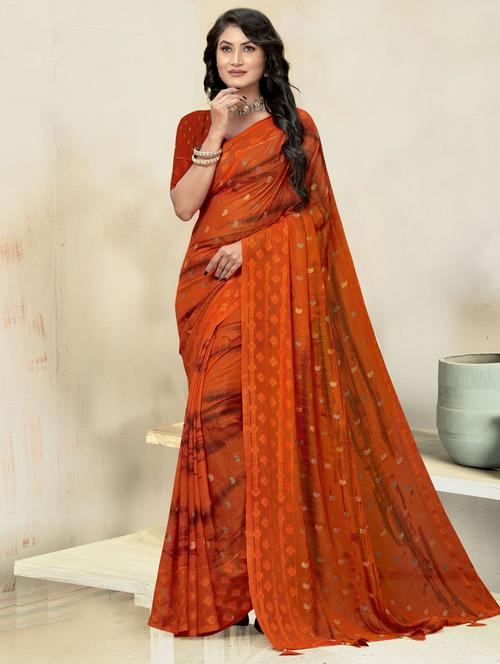orange colored printed saree with blouse - 20307776 - Very Small Image - 1