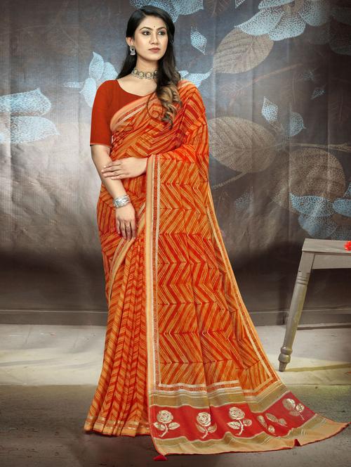 orange colored printed saree with blouse - 20307785 - Very Small Image - 1