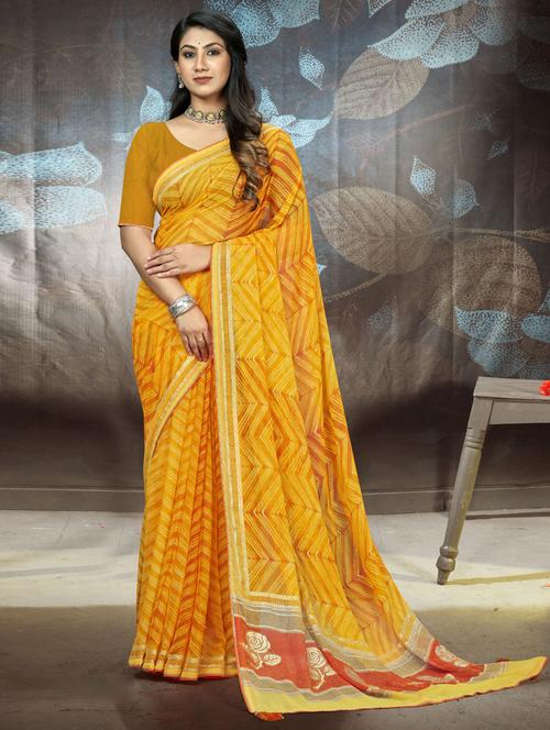 yellow colored printed saree with blouse - 20307787 - Very Small Image - 1