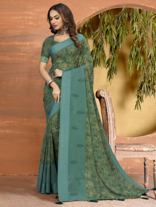 teal colored printed saree with blouse - 20307802 - Very Small Image - 1