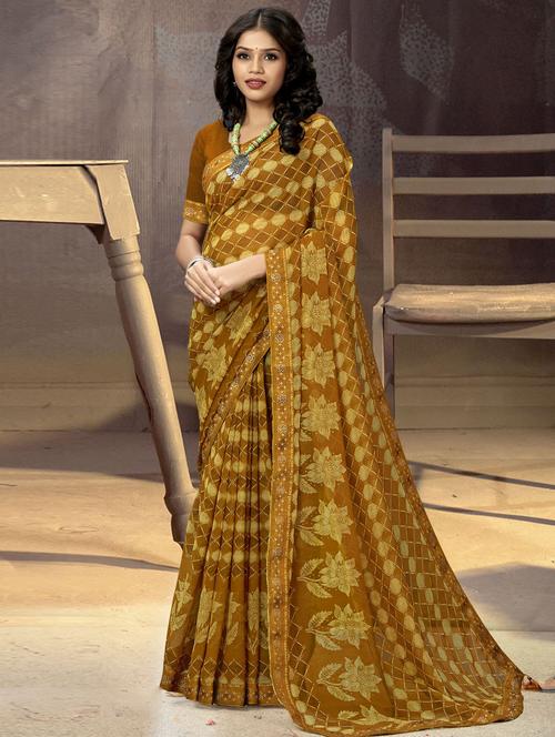 olive colored printed saree with blouse - 20307808 - Very Small Image - 1