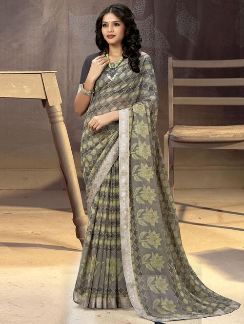 grey colored printed saree with blouse - 20307810 - Very Small Image - 1