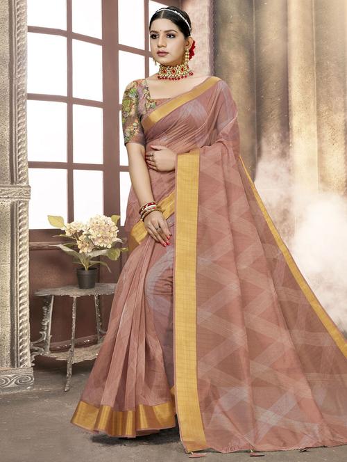 women's geometric peach colored saree with blouse - 20307820 - Very Small Image - 1