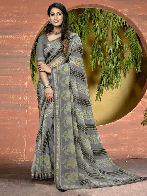 grey colored printed saree with blouse - 20307843 - Very Small Image - 1