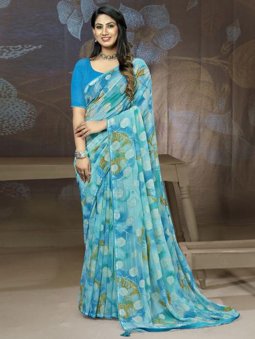 turquoise colored printed saree with blouse - 20307849 - Very Small Image - 1