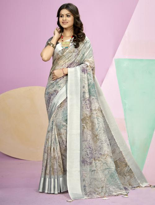 grey colored printed saree with blouse - 20307870 - Very Small Image - 1