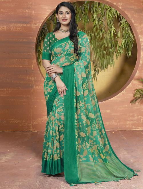 women's printed green colored saree with blouse - 20307877 - Very Small Image - 1