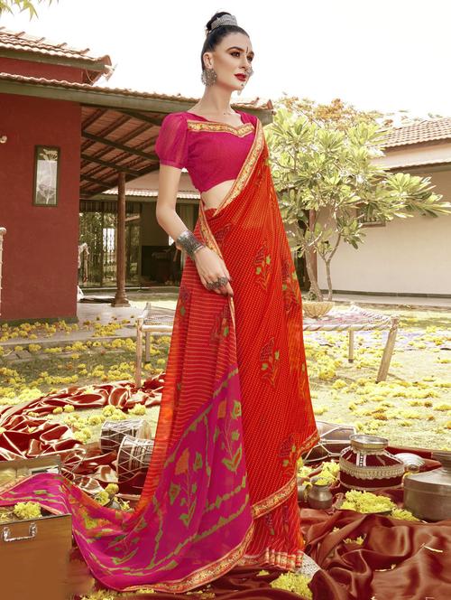 orange colored printed saree - 20307937 - Very Small Image - 1
