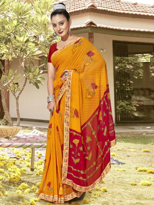 orange colored printed saree with blouse - 20307938 - Very Small Image - 1
