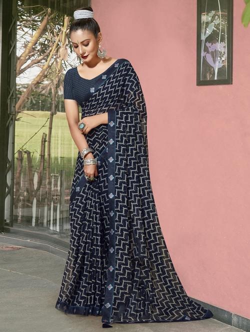 navy blue colored printed saree with blouse - 20307949 - Very Small Image - 1