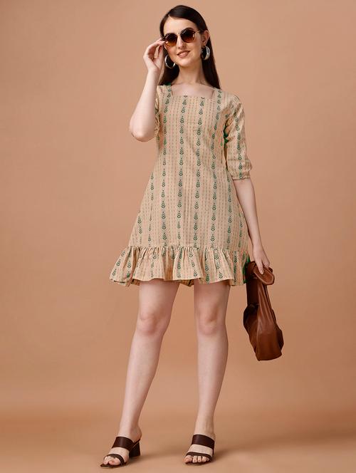 beige self designed square neck a-line dress - 20308021 - Very Small Image - 1
