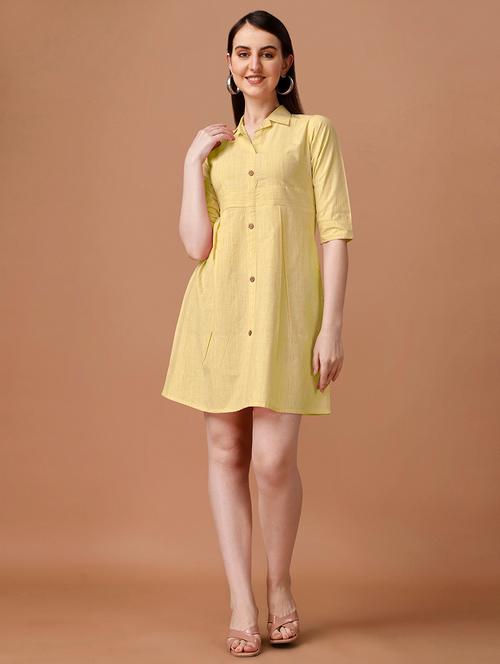 yellow solid shirt collar a-line dress - 20308030 - Very Small Image - 1
