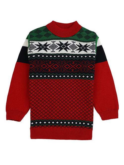 kids red self design sweater - 20310237 - Very Small Image - 1