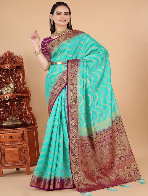 turquoise colored banarasi saree with blouse - 20310962 - Very Small Image - 1