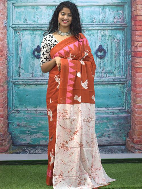 women's block print rust colored saree with blouse - 20311316 - Very Small Image - 1