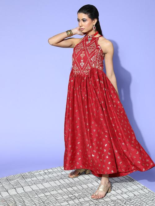 women maroon foil print flared dress - 20312371 - Very Small Image - 1