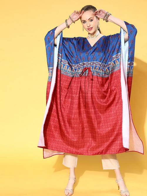 women red printed v-neck kaftan kurta - 20312398 - Very Small Image - 1