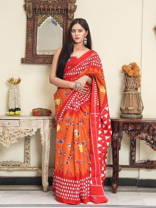 orange colored printed saree with blouse - 20312423 - Very Small Image - 1
