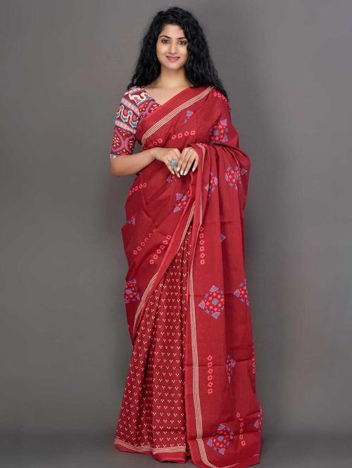 red colored printed saree with blouse - 20312438 - Very Small Image - 1