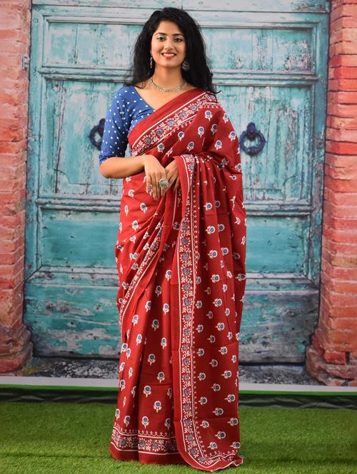 red colored printed saree with blouse - 20312443 - Very Small Image - 1