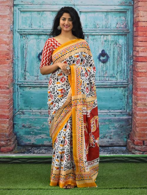 white colored printed saree with blouse - 20312455 - Very Small Image - 1