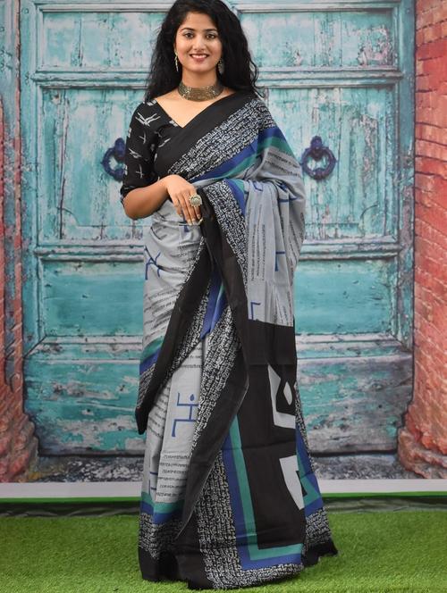 grey colored printed saree with blouse - 20312491 - Very Small Image - 1