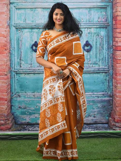 coral colored printed saree with blouse - 20312497 - Very Small Image - 1