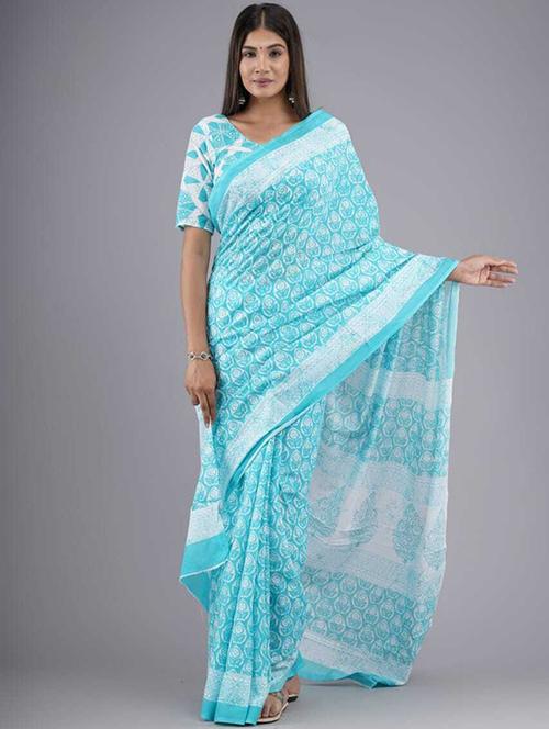 light blue colored printed saree with blouse - 20312500 - Very Small Image - 1