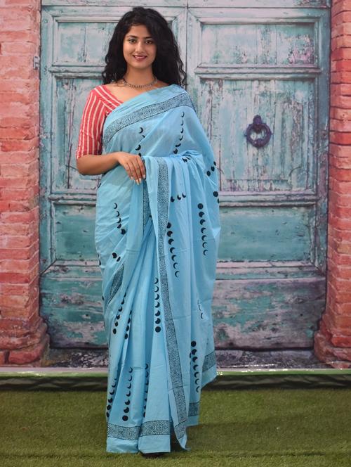 light blue colored printed saree with blouse - 20312506 - Very Small Image - 1