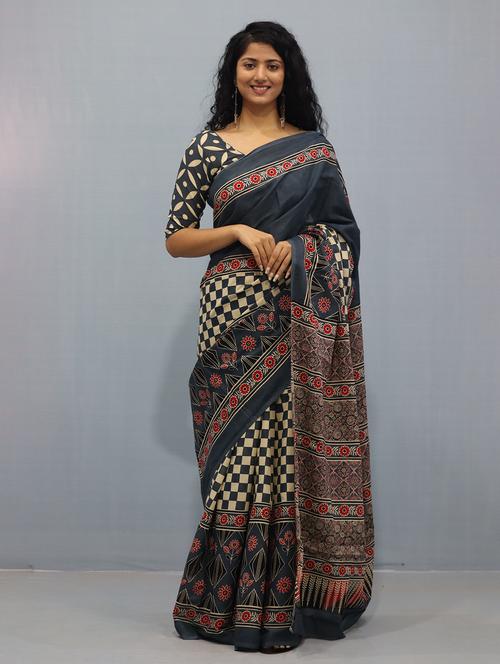 steel colored printed saree with blouse - 20312584 - Very Small Image - 1