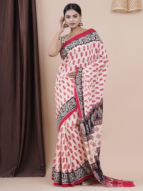 cream colored printed saree with blouse - 20312644 - Very Small Image - 1