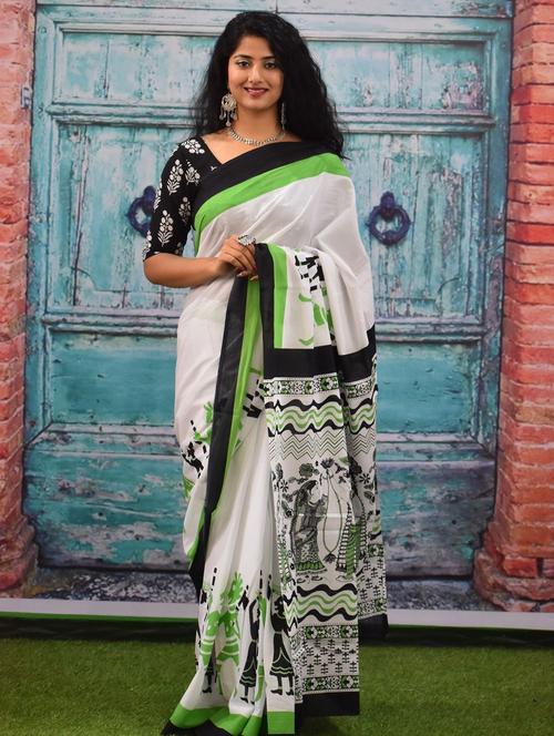 white colored printed saree with blouse - 20312649 - Very Small Image - 1