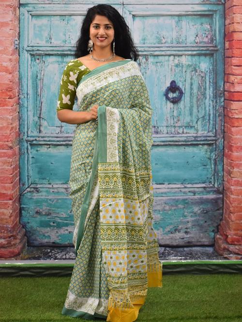 sea green colored printed saree with blouse - 20312666 - Very Small Image - 1
