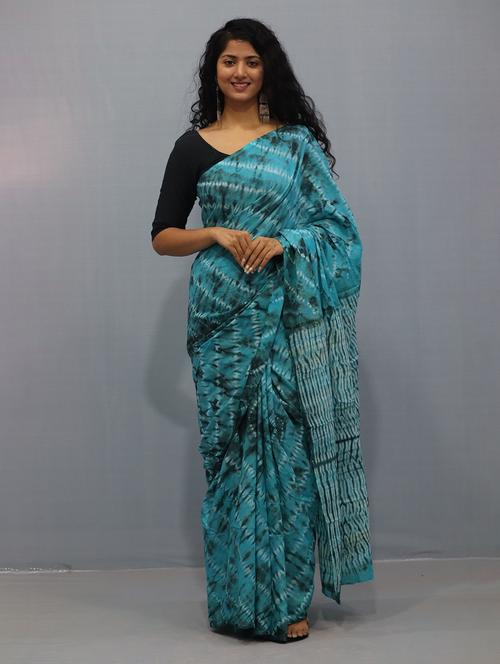 turquoise colored printed saree with blouse - 20312733 - Very Small Image - 1