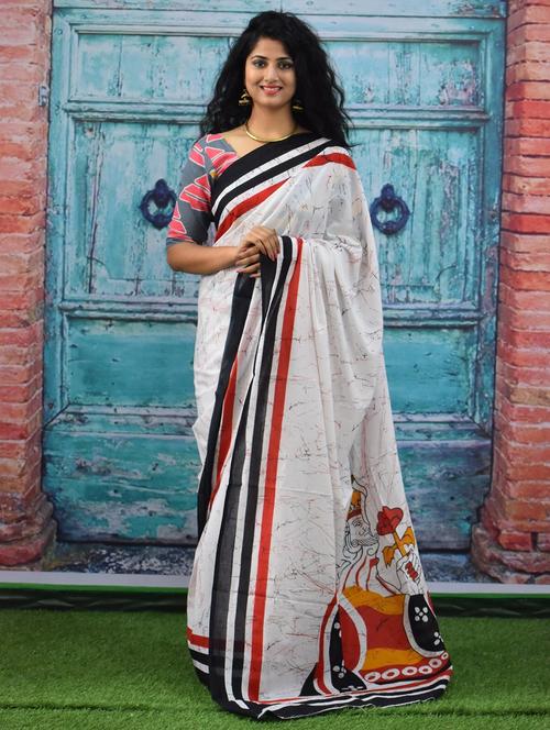 white colored printed saree with blouse - 20312783 - Very Small Image - 1