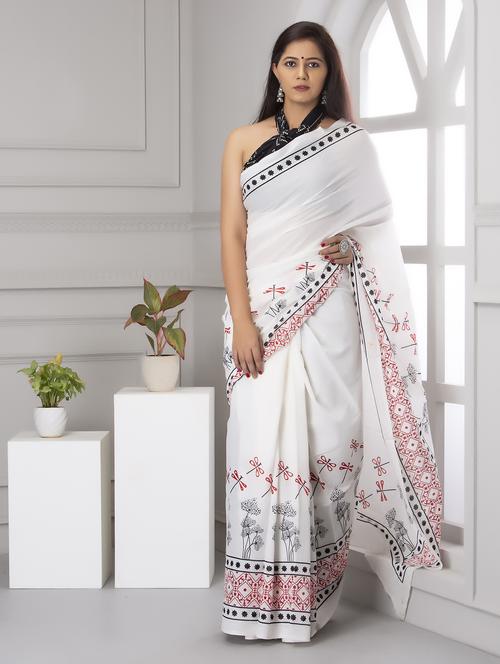 white colored printed saree - 20312804 - Very Small Image - 1