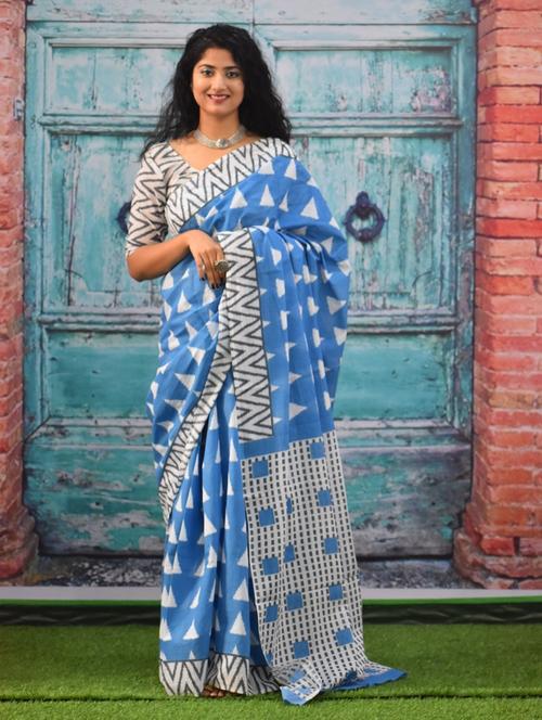 turquoise colored printed saree with blouse - 20312810 - Very Small Image - 1