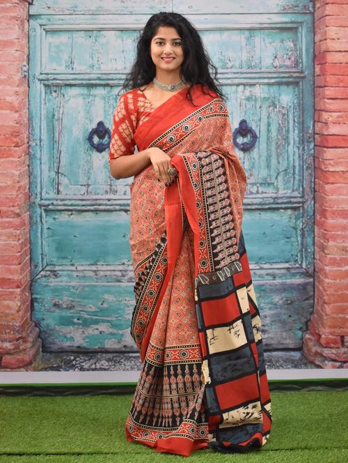 orange colored printed saree - 20312820 - Very Small Image - 1