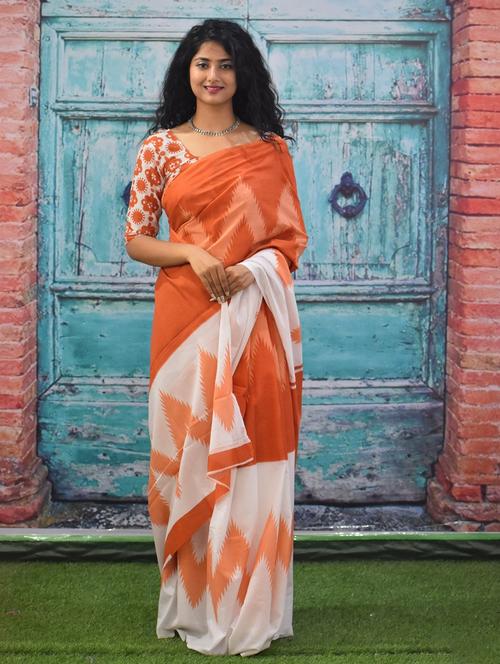 orange colored printed saree - 20312841 - Very Small Image - 1