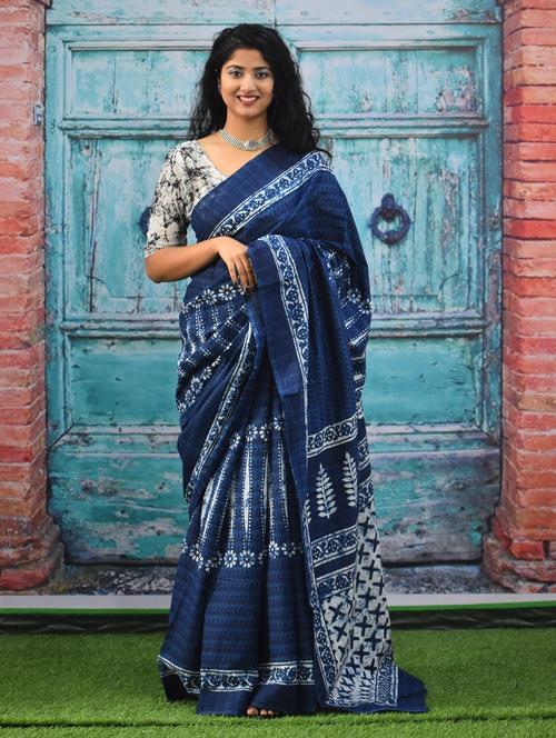 navy blue colored printed saree with blouse - 20312857 - Very Small Image - 1