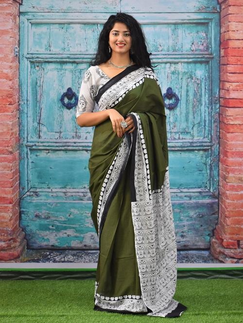 olive colored printed saree with blouse - 20312908 - Very Small Image - 1