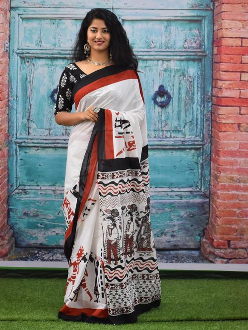white colored printed saree with blouse - 20312910 - Very Small Image - 1
